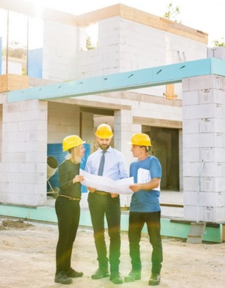 construction workers discussing building schematics